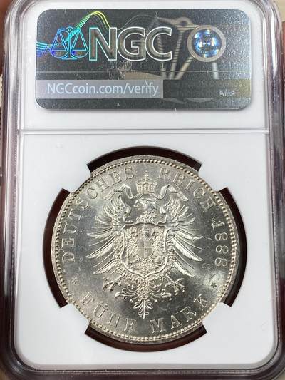 NGC-MS63 1888年德国三皇之年威廉二世短翅流通5马克