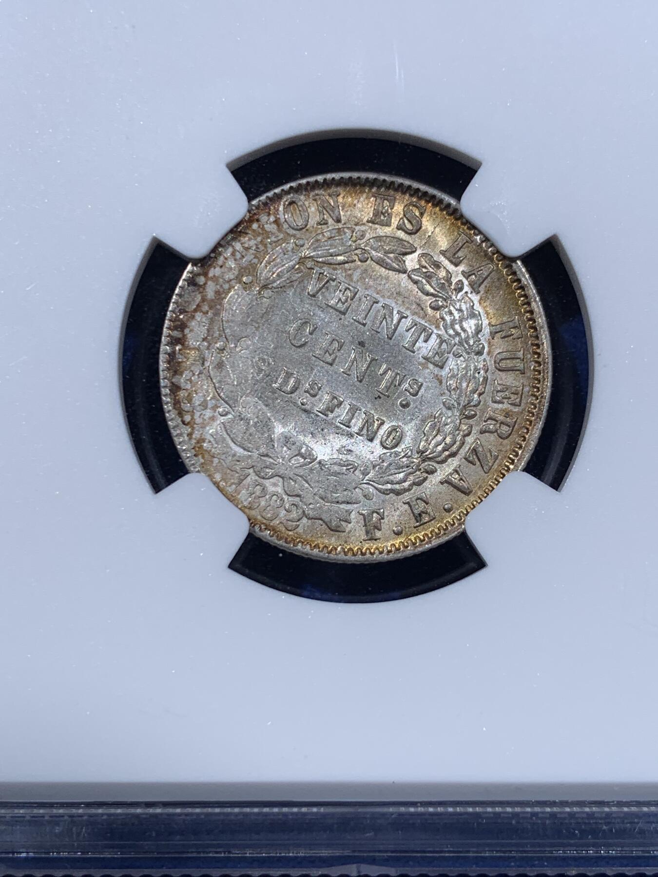 《竞宝斋》第443场 周日，周一，2场连拍 （全场包邮） NGC UNCD 玻利维亚1882二十分银币，淡彩包浆，转光漂亮，少见美洲品种，细节见图。