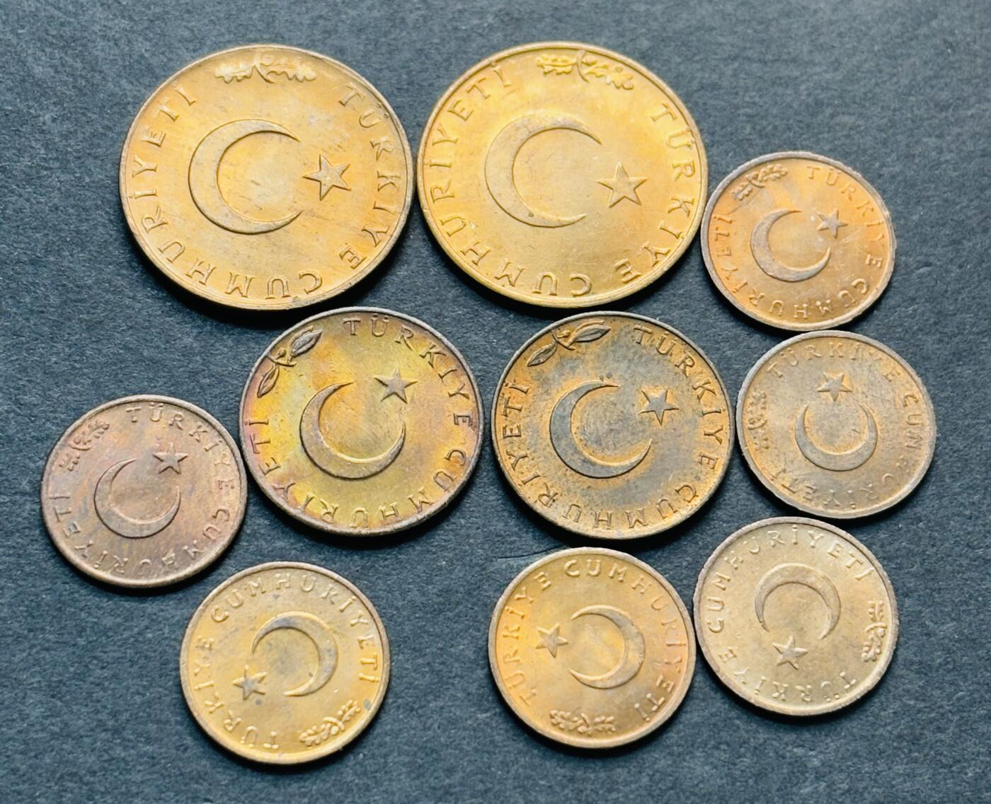 文馨钱币收藏第 284 场，【 长期接收代拍品】老藏家拍品南朝鲜李承晚时期货币，泰国大型纪念币，土耳其各时期及各国套币场 原铜光品相土耳其 1-5-10 库鲁铜币 10 枚