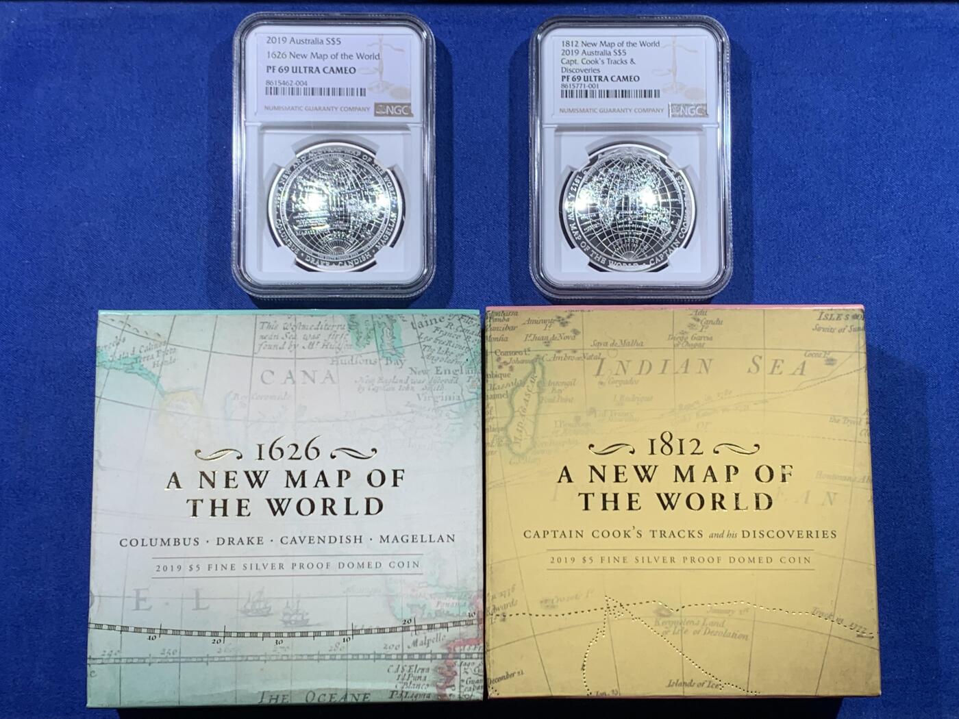 《竞宝斋》第443场 周日，周一，2场连拍 （全场包邮） 两枚一组 NGC PF69UC 澳大利亚2019年新世界地图5澳元弧形纪念银币 1812 库克船长东半球 + 1626 西半球（1盎司，999银，限量5000枚，盒证齐全）