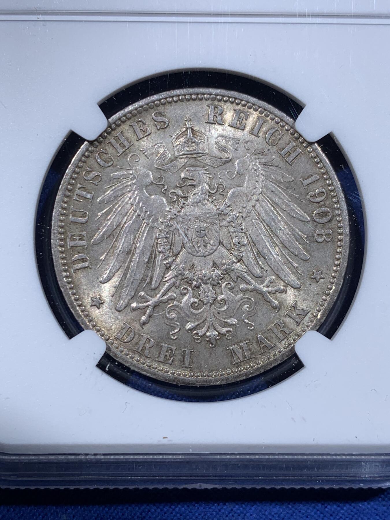 《竞宝斋》第443场 周日，周一，2场连拍 （全场包邮） NGC MS63 德国符腾堡1908年威廉二世3马克银币 币面转光 包浆自然