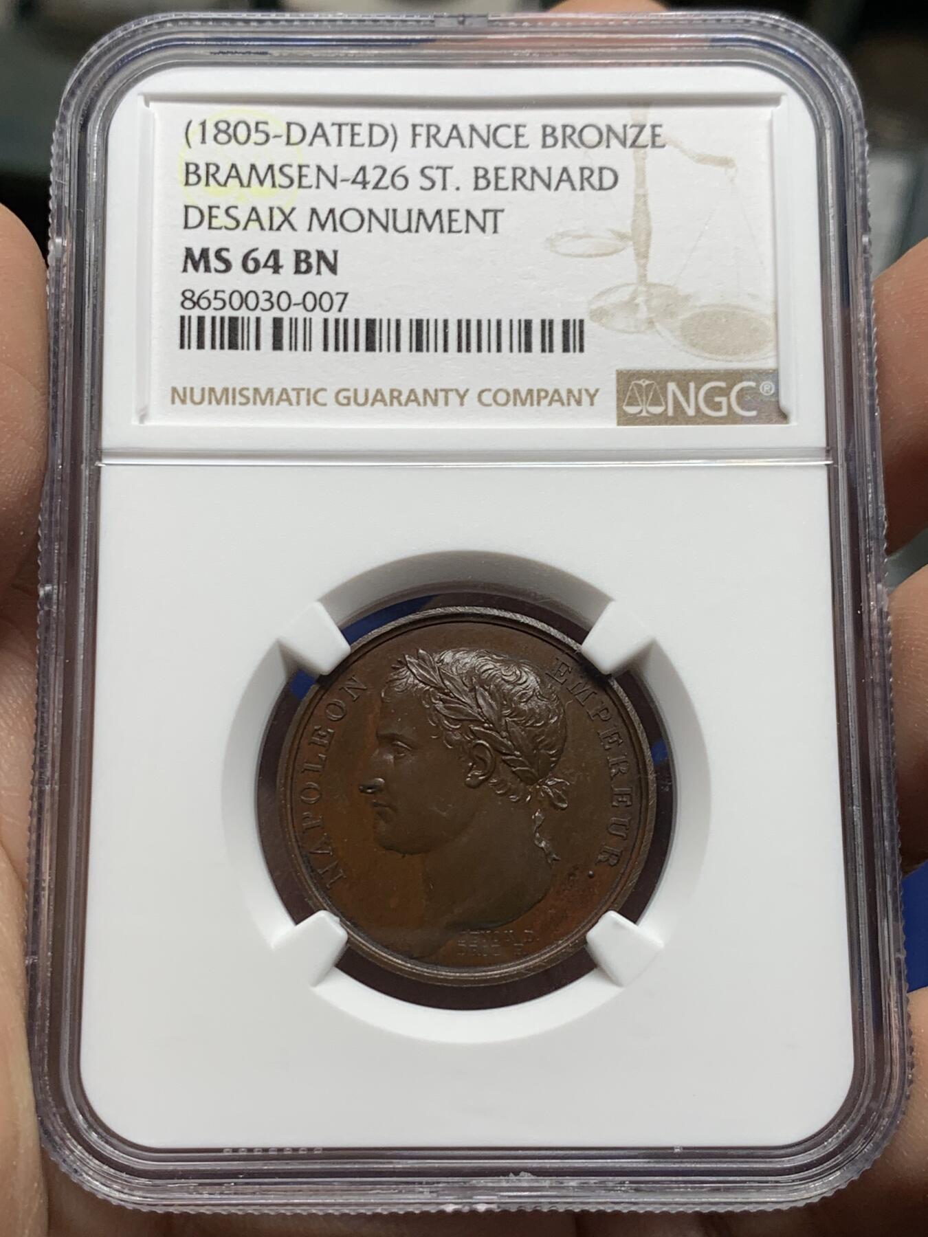 《竞宝斋》第443场 周日，周一，2场连拍 （全场包邮） NGC MS64BN 法国1805年拿破仑纪念德赛将军墓碑铜章，亚军分，更高分仅一枚。
