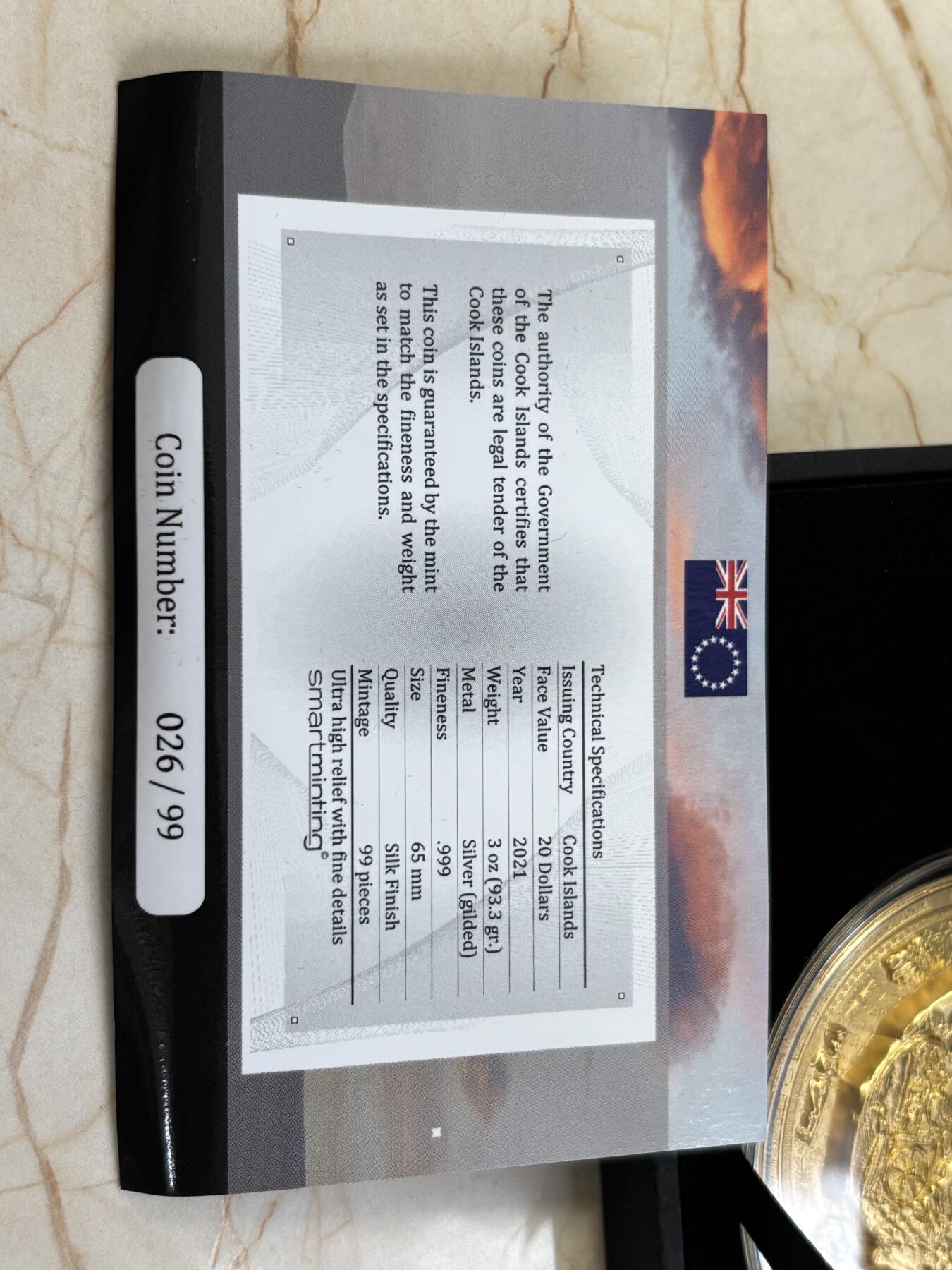 第184期拍卖 库克2021年考古系列巴克特里亚3盎司双面镀金银币，999银，发行99枚