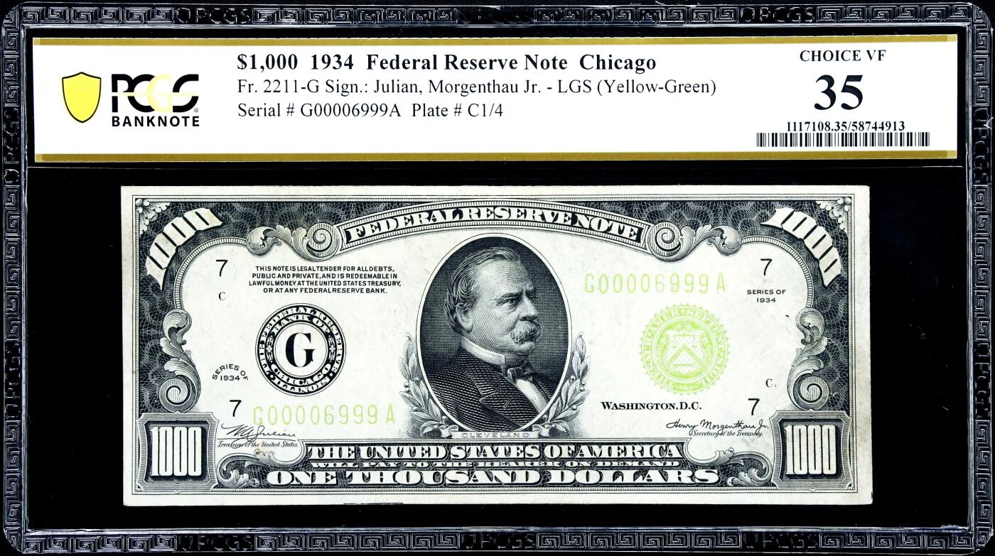 【Blue Auction】世界纸币精拍第757期——18级TOP拍卖/信誉/品质/专业/高效💫    【号码天花板 6999千位小号 倒置号 豹子号 非常少见的浅绿版】美国 1934年1000美金 普通玩家可收藏的最高面值美金 永久可兑换非常保值 正面人像前总统克利夫兰 当时一辆车也就小几百美金 该面值购买力爆炸 PCGS35 如此号码配浅绿可遇不可求 
