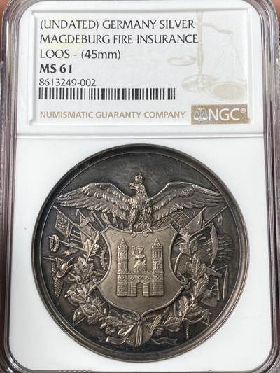 万国钱币拍卖第056期 - NGC MS61 19世纪中期德国马格德堡火灾保险纪念大银章 浮雕帝国鹰守护马格德堡 