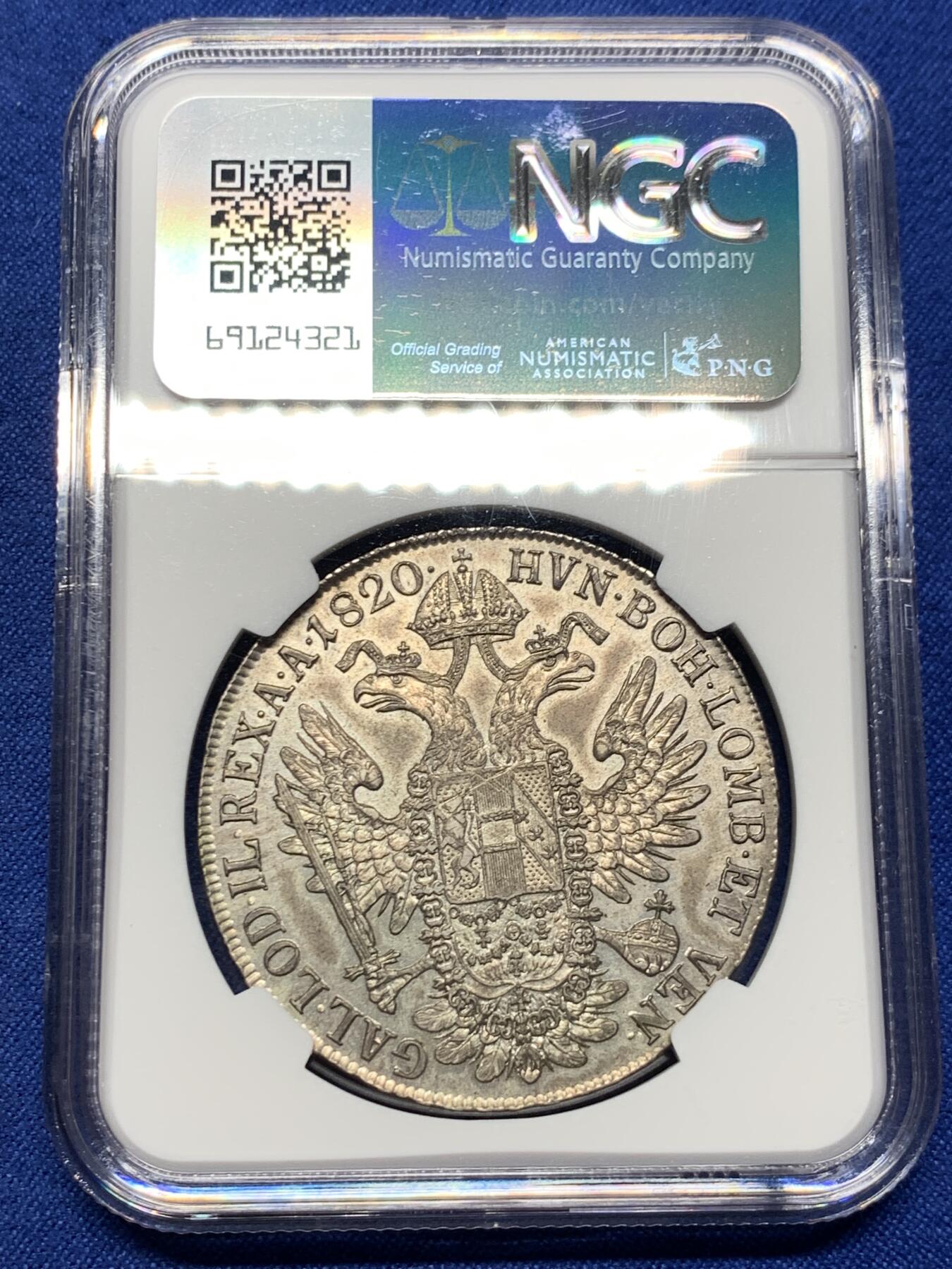 《竞宝斋》第443场 周日，周一，2场连拍 （全场包邮） NGC AU55 奥地利 1820年 奥地利的弗朗茨一世 泰勒银币 高点保存的不错 包浆更是让人难忘