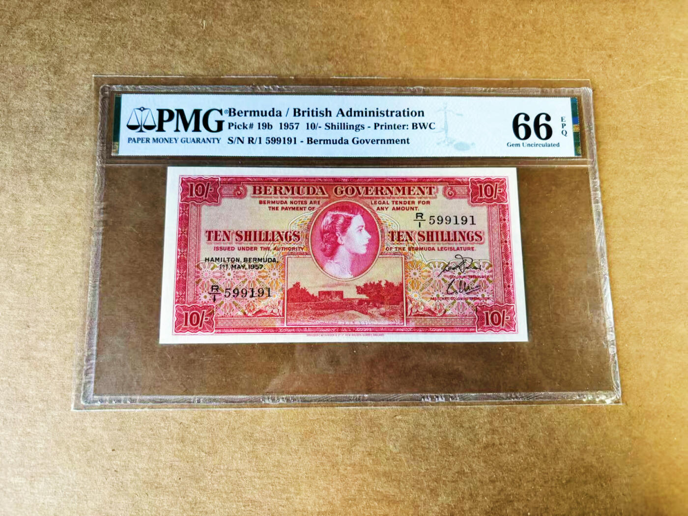 【Blue Auction】世界纸币精拍第757期——18级TOP拍卖/信誉/品质/专业/高效💫 【无47】百慕大 1957年10先令 女王侧面像 PMG66EPQ 