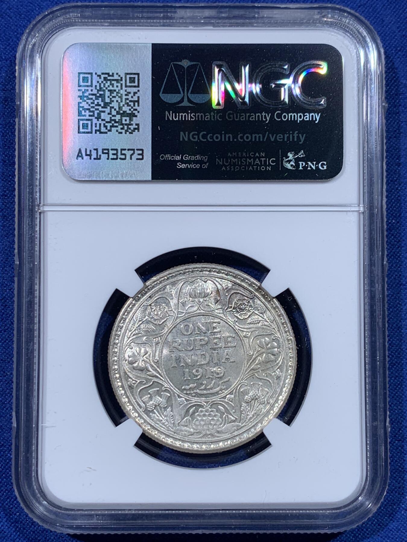 《竞宝斋》第443场 周日，周一，2场连拍 （全场包邮） NGC MS61 英属印度 1919年 乔治五世 1卢比 银币 卷拆品