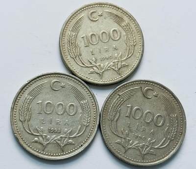 文馨钱币收藏第 284 场，【 长期接收代拍品】老藏家拍品南朝鲜李承晚时期货币，泰国大型纪念币，土耳其各时期及各国套币场 - 土耳其 1990-93 年土耳其 1000 里拉 3 枚