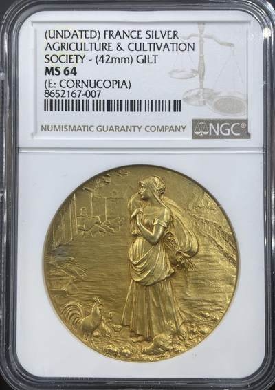 「木头集藏」章牌精品专场！ - O.Roty～法国农业与耕作协会镀金银章，MS 64，直径：42 mm，大师作品，品相完美，同款收藏佳品！