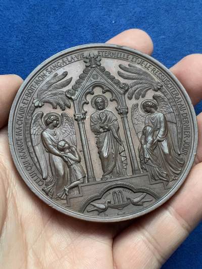 《竞宝斋》第443场 周日，周一，2场连拍 （全场包邮） - 1884年法国圣餐洗礼大铜章 好品 145.6克 69mm 丰饶角铜标 原盒