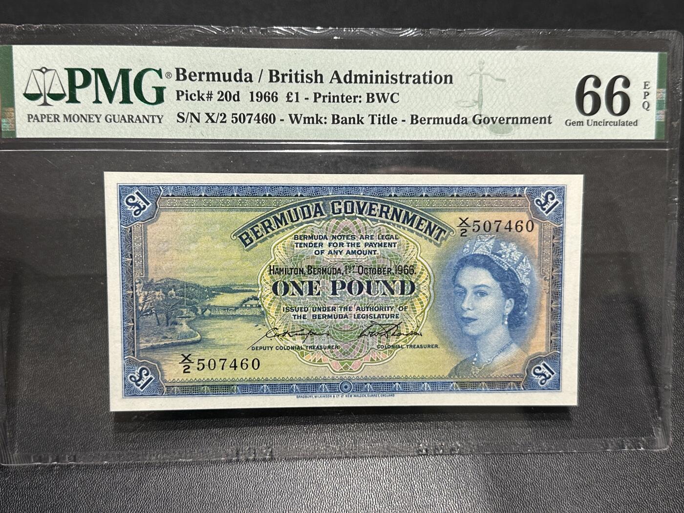 《外钞收藏家》第五百九十期（欧洲强钞、港币、硬通货及丰富裸币大拍场）（本平台长期征集拍品、欢迎藏友们联系合作） 1966年百慕大1镑 PMG66 BWC版 尾460