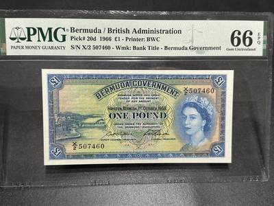 《外钞收藏家》第五百九十期（欧洲强钞、港币、硬通货及丰富裸币大拍场）（本平台长期征集拍品、欢迎藏友们联系合作） - 1966年百慕大1镑 PMG66 BWC版 尾460