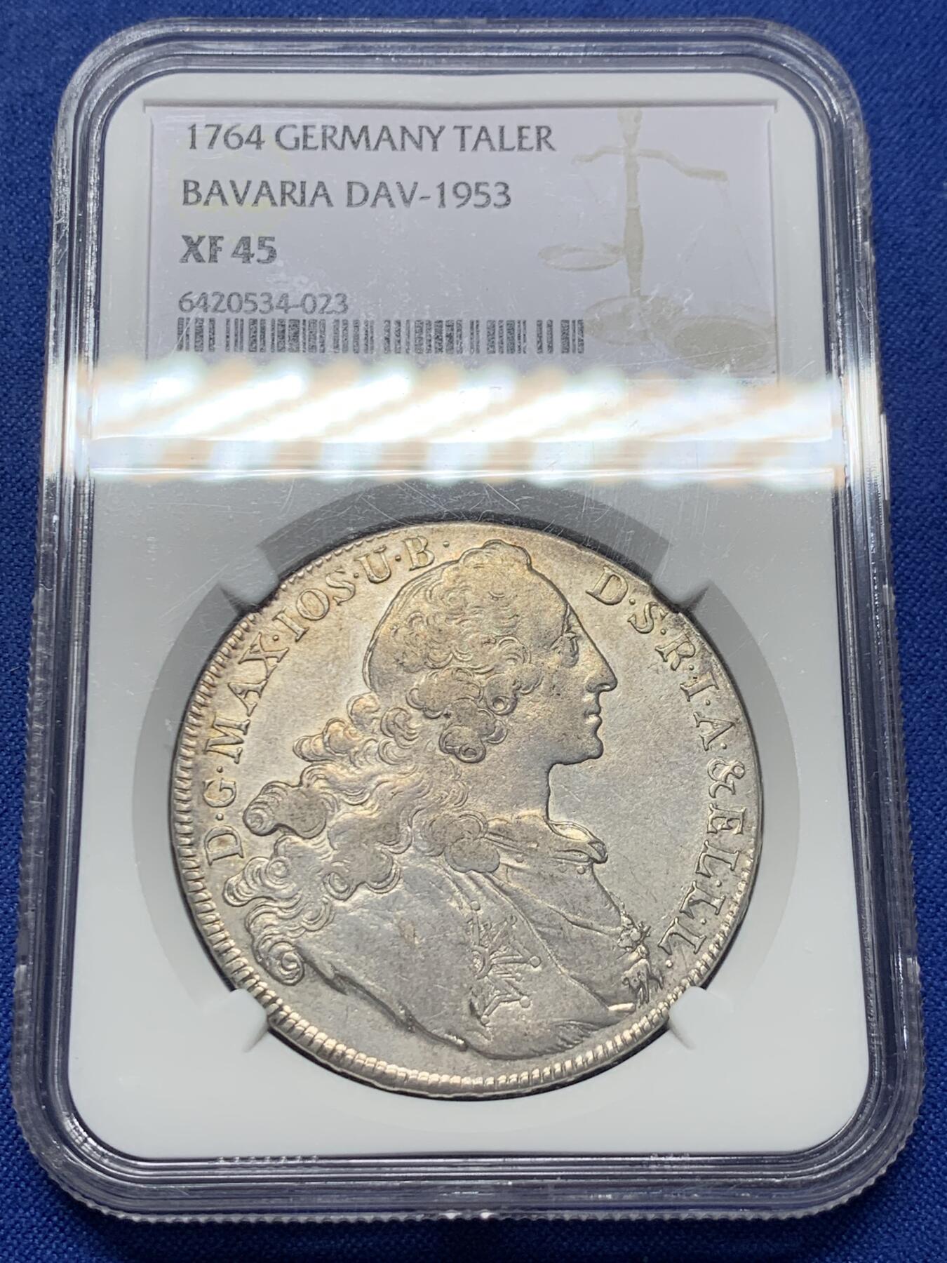 《竞宝斋》第443场 周日，周一，2场连拍 （全场包邮） NGC XF45 德国巴伐利亚1764年圣母抱婴泰勒银币