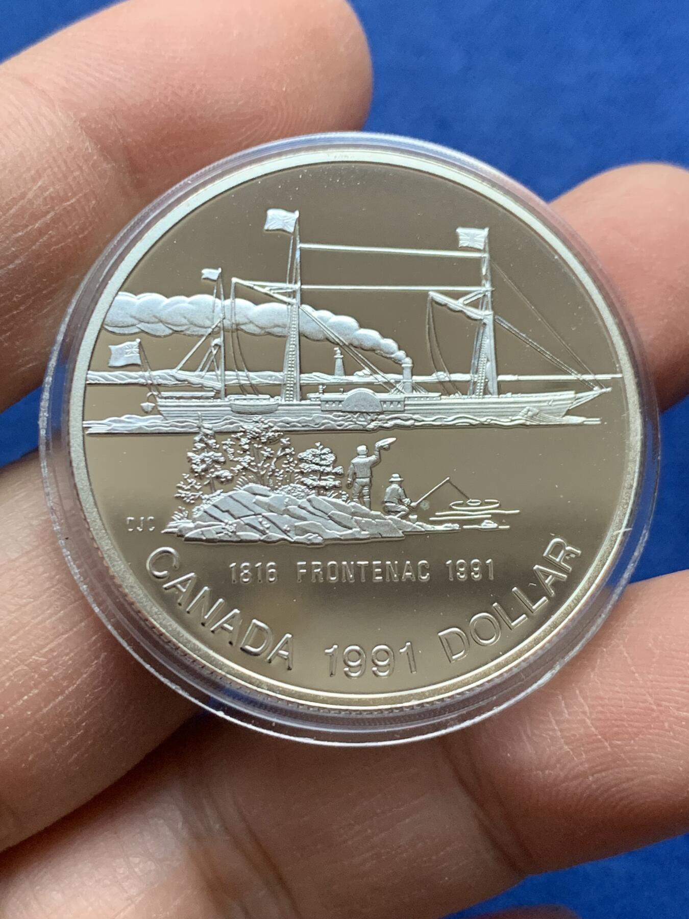 《竞宝斋》第443场 周日，周一，2场连拍 （全场包邮） 加拿大1991年五大湖第一艘汽船纪念银币