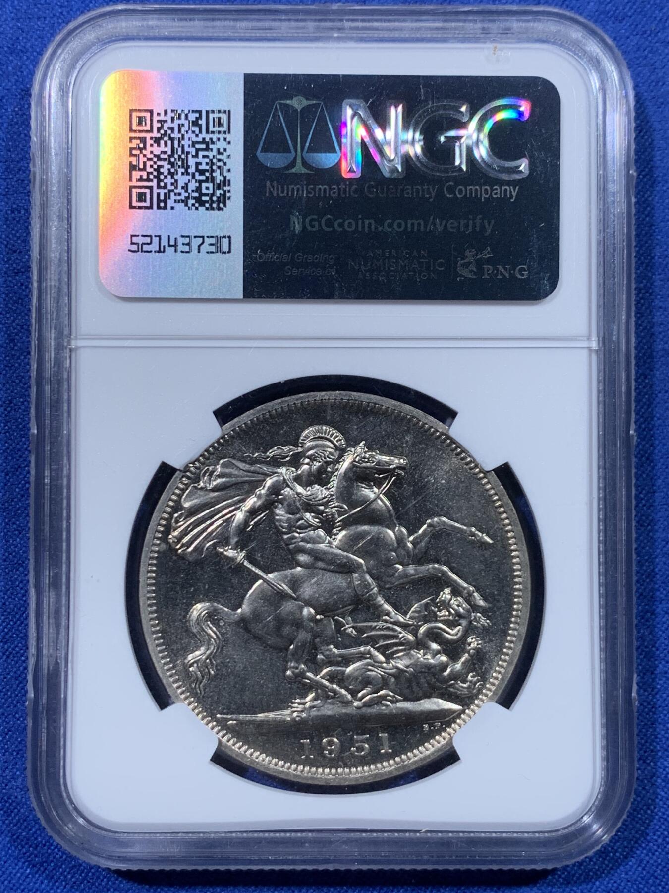 《竞宝斋》第443场 周日，周一，2场连拍 （全场包邮） NGC PL64 英国1951年乔六马剑克朗 最后的镍马剑