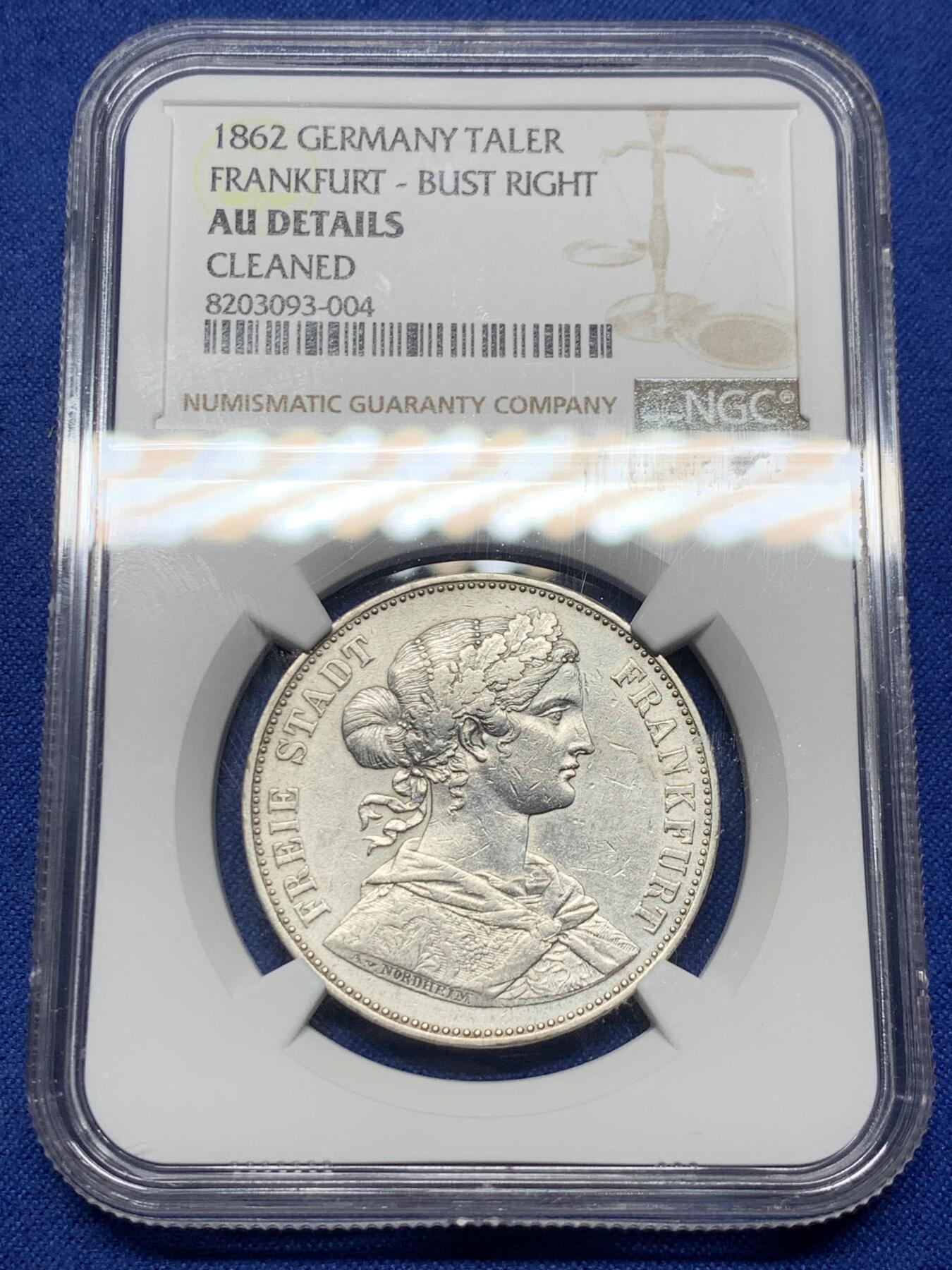 《竞宝斋》第443场 周日，周一，2场连拍 （全场包邮） NGC AUD 法兰克福 1862年1泰勒银币 经典的美女泰勒 不是常见的1860年版 1862年发行量仅为31万枚出头 细节不错