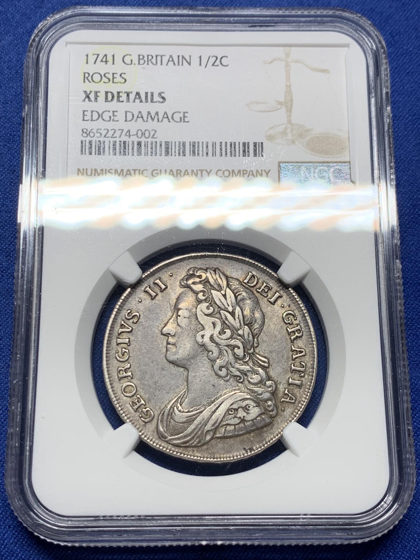 《竞宝斋》第443场 周日，周一，2场连拍 （全场包邮） NGC XFD 1741年英国乔治二世玫瑰半克朗银币  错杀，肉眼看边齿没有问题，细节好，稀少品种