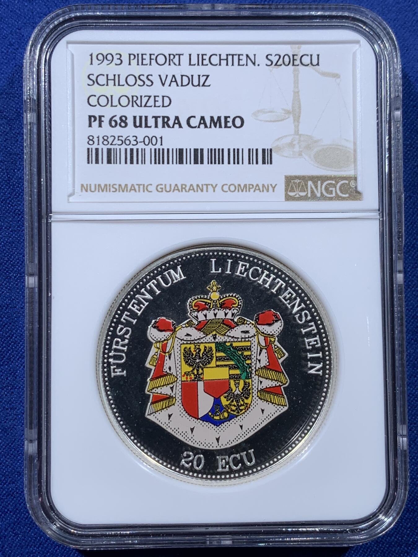 《竞宝斋》第443场 周日，周一，2场连拍 （全场包邮） NGC PF68UC 列支敦士登1993年世界首枚彩色银币 2盎司 加厚盒装