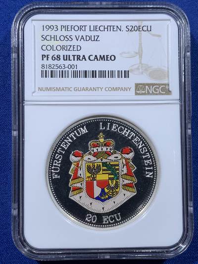 《竞宝斋》第443场 周日，周一，2场连拍 （全场包邮） - NGC PF68UC 列支敦士登1993年世界首枚彩色银币 2盎司 加厚盒装