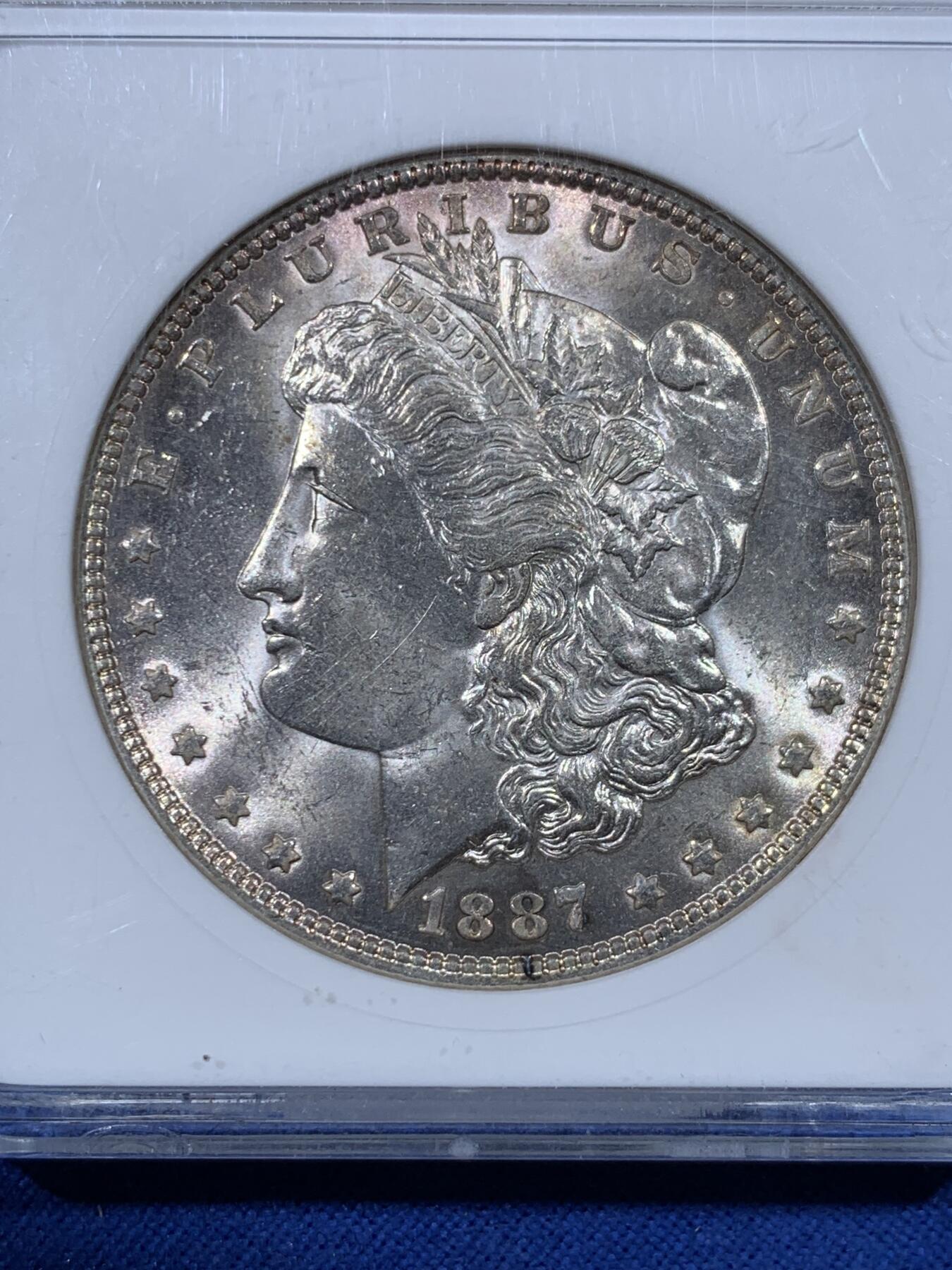 《竞宝斋》第443场 周日，周一，2场连拍 （全场包邮） ANACS MS62 肥皂盒 1887年美国摩根银币P厂 老盒严评，低评币，女神脸部干净，币两面粉光+转光，状态很好。