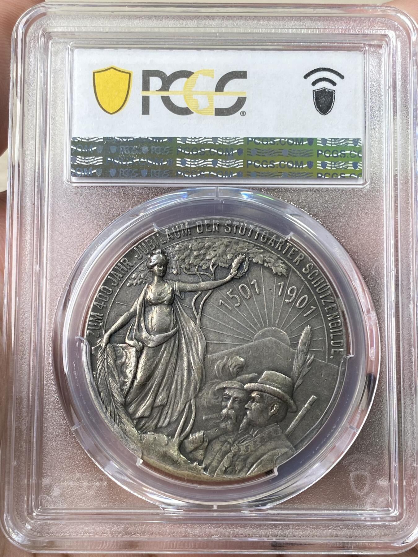 万国钱币拍卖第056期 PCGS AU53 1901年德国符腾堡威廉二世与乌尔里希公爵纪念斯图加特保护协会成立400周年大银章 罕见品种