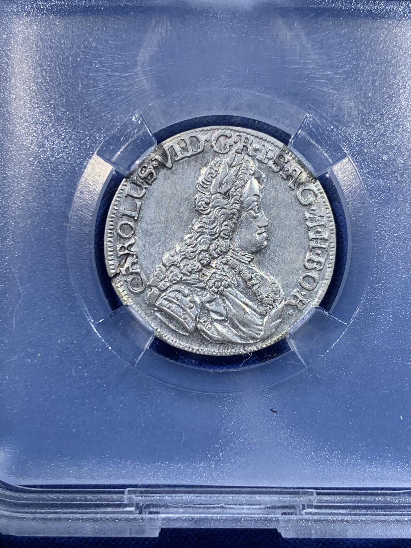 《竞宝斋》第443场 周日，周一，2场连拍 （全场包邮） TQG AUD 神圣罗马帝国 奥地利大公国 查理六世 1723年 6克鲁泽打制银币 边缘微裂为常见币胚问题 整体品相一流 少见品种