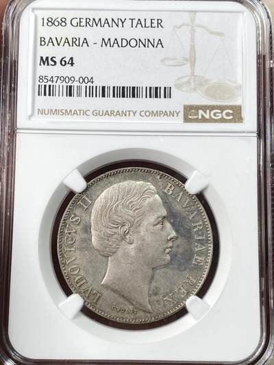 万国钱币拍卖第056期 - NGC MS64 1868年德国巴伐利亚路德维希二世圣母抱婴1泰勒 淡薰衣草色包浆 类精制镜面底板 普通品种中的顶级收藏品质