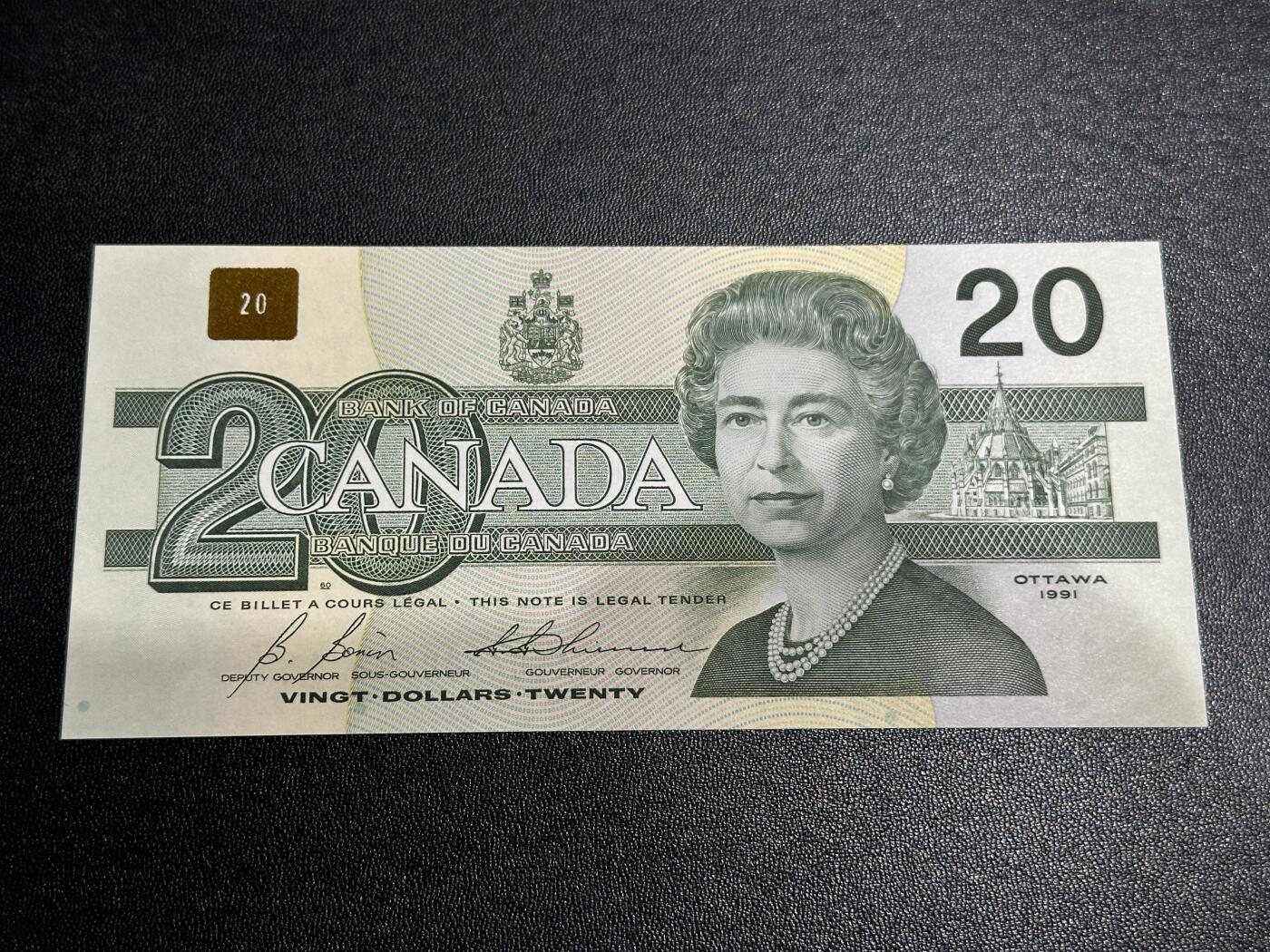 《外钞收藏家》第五百九十期（欧洲强钞、港币、硬通货及丰富裸币大拍场）（本平台长期征集拍品、欢迎藏友们联系合作） 1991年加拿大鸟版20加元 全新UNC