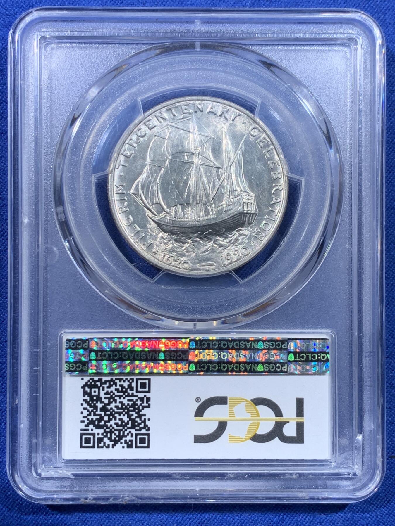 《竞宝斋》第443场 周日，周一，2场连拍 （全场包邮） PCGS MS64 美国1920年清教徒移民半美元纪念银币 经典设计 背面五月花号 盒子支撑有磕