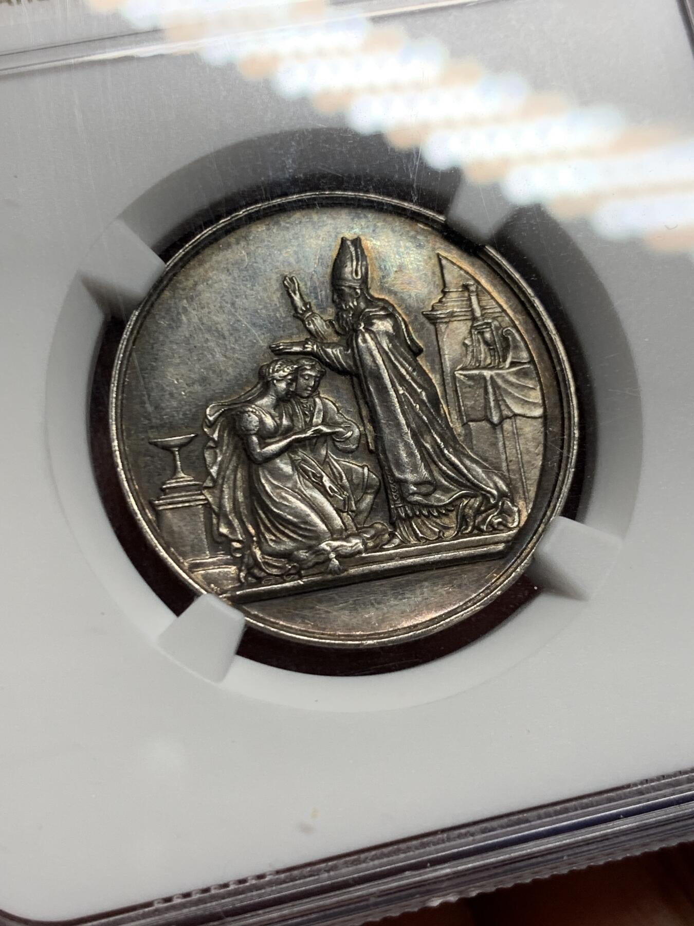 《竞宝斋》第443场 周日，周一，2场连拍 （全场包邮） NGC MS61 法国1860银质婚章 27mm 丰饶角边铭