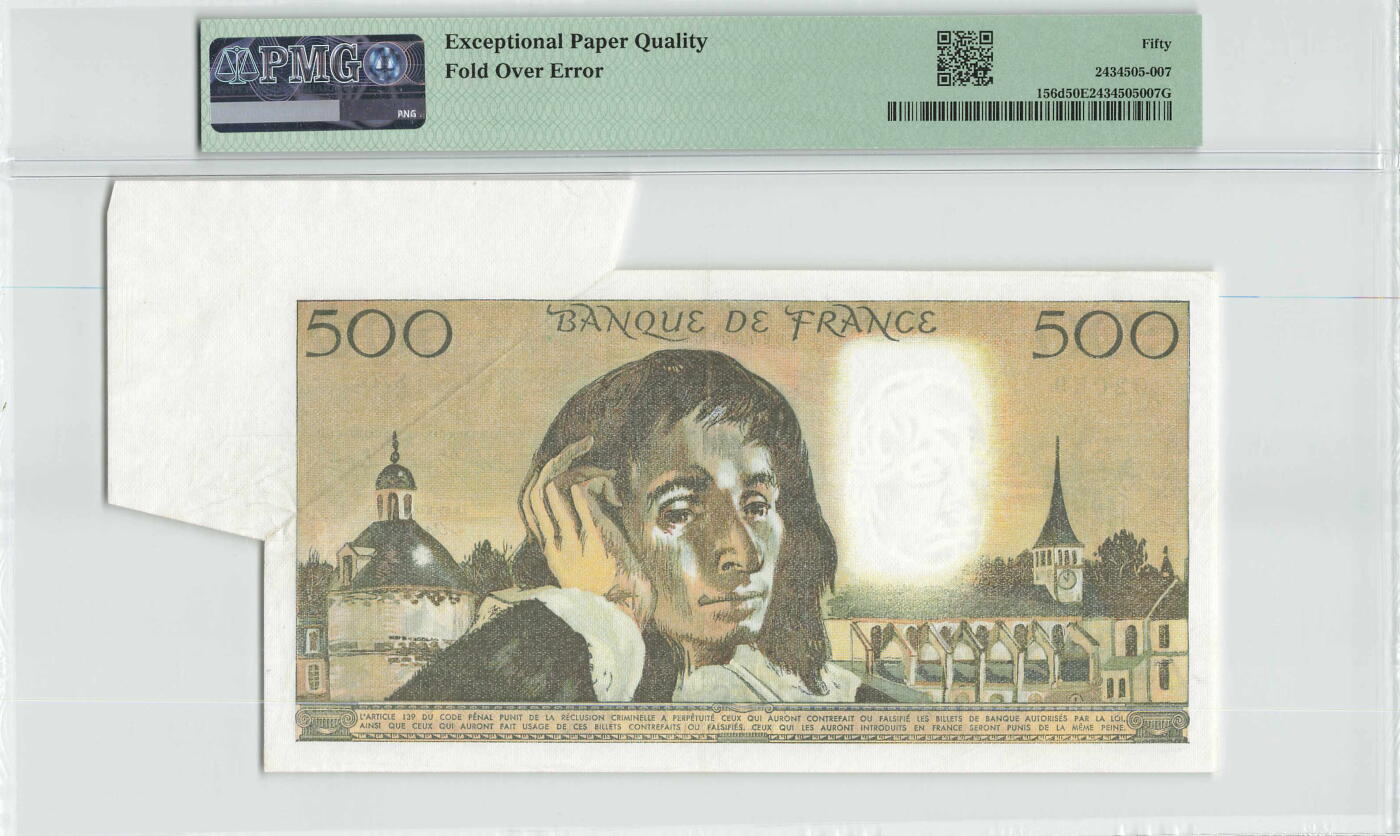 小福收藏拍卖第196期 评级币精选场 大量新增精品 本期有68分倒置号布隆迪世界最大纸币  菲律宾百位靓号100000比索超大纪念钞 巴基斯坦51年100卢比冠军分 泰国69年10铢纪念钞0A冠百位倒置号  文莱06年500吉令特首年首冠 丹麦经典大松鼠  法属印度支那 俄罗斯 玻利维亚 东加勒比 亚美尼亚等多国精美高分珍稀老钞精品纸币 法国 1977年 500法郎 错票 有PMG标注认证 无47 PMG50 EPQ