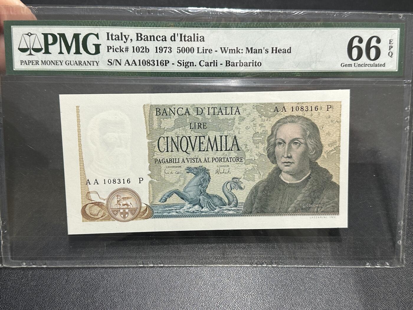 《外钞收藏家》第五百九十期（欧洲强钞、港币、硬通货及丰富裸币大拍场）（本平台长期征集拍品、欢迎藏友们联系合作） 1973年意大利5000里拉 PMG66 AA冠 无47