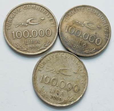 文馨钱币收藏第 284 场，【 长期接收代拍品】老藏家拍品南朝鲜李承晚时期货币，泰国大型纪念币，土耳其各时期及各国套币场 - 土耳其 10 万里拉 3 枚