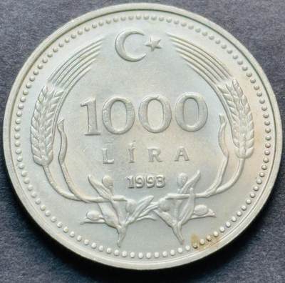 文馨钱币收藏第 284 场，【 长期接收代拍品】老藏家拍品南朝鲜李承晚时期货币，泰国大型纪念币，土耳其各时期及各国套币场 - 原光品相 1993 年土耳其 1000 里拉