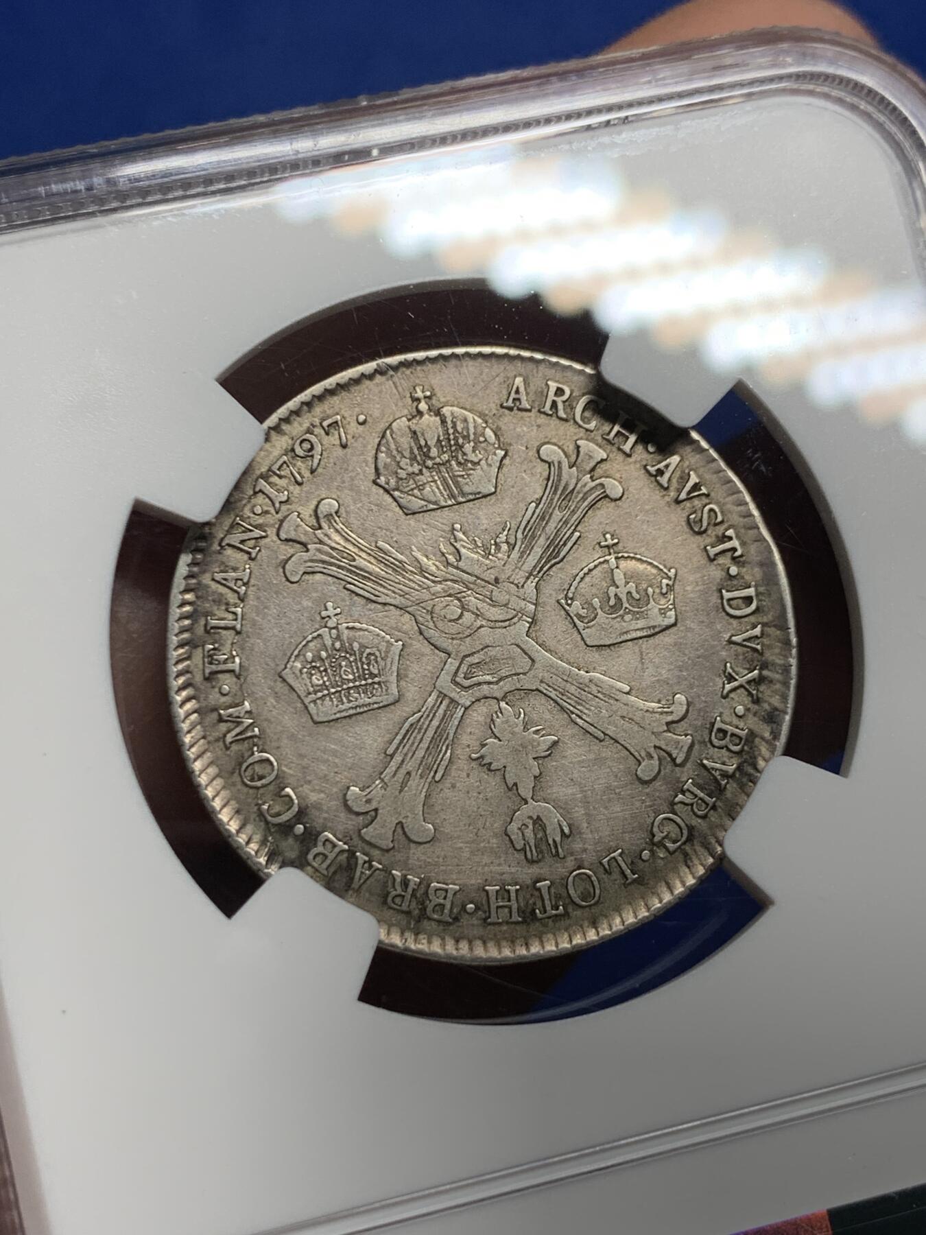 《竞宝斋》第443场 周日，周一，2场连拍 （全场包邮） NGC VFD 奥属荷兰 1797年 1/4泰勒银币 B版 背面三皇冠 经典品种