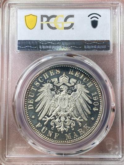 PCGS-PR64CAM 1904年德国萨克森乔治国王逝世纪念精制5马克 .