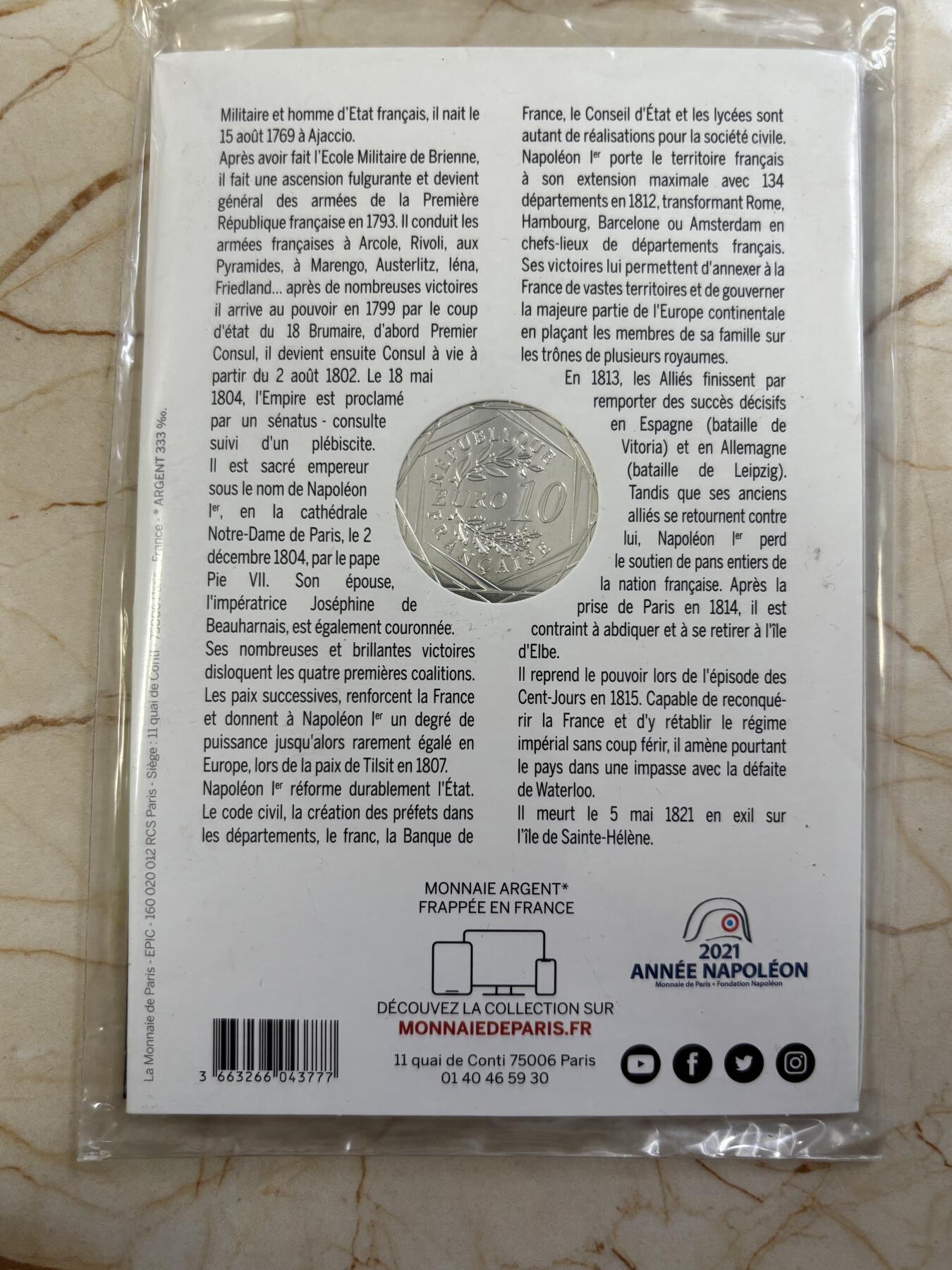 第183期拍卖 卡装法国2021年拿破仑逝世200周年10欧纪念银币，333银，发行75000枚，17克