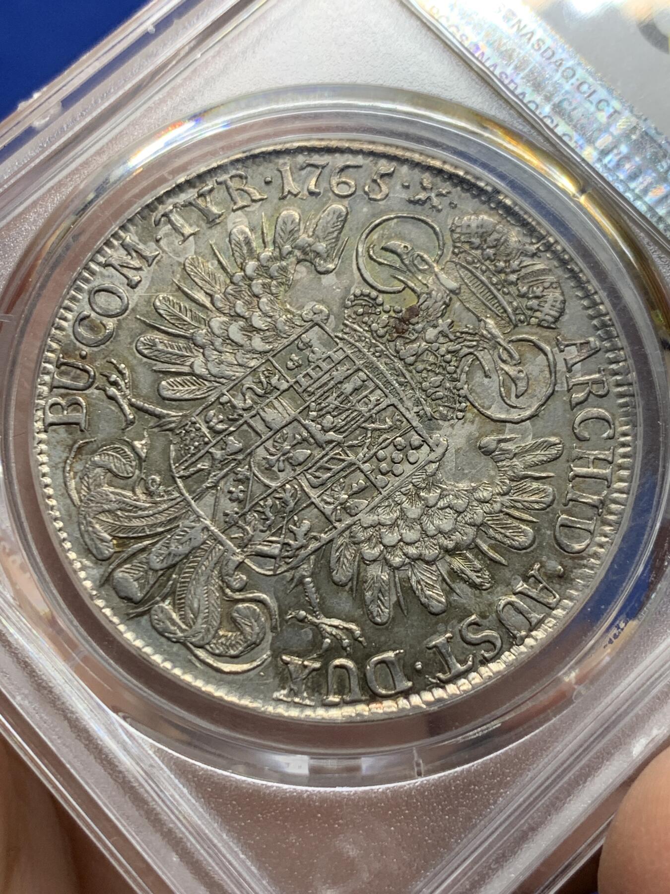 《竞宝斋》第443场 周日，周一，2场连拍 （全场包邮） PCGS AU58 奥地利1765-AS 原铸大奶妈玛丽亚.特雷西娅 1泰勒 银币 唯一冠军分，难得没有减重痕迹。