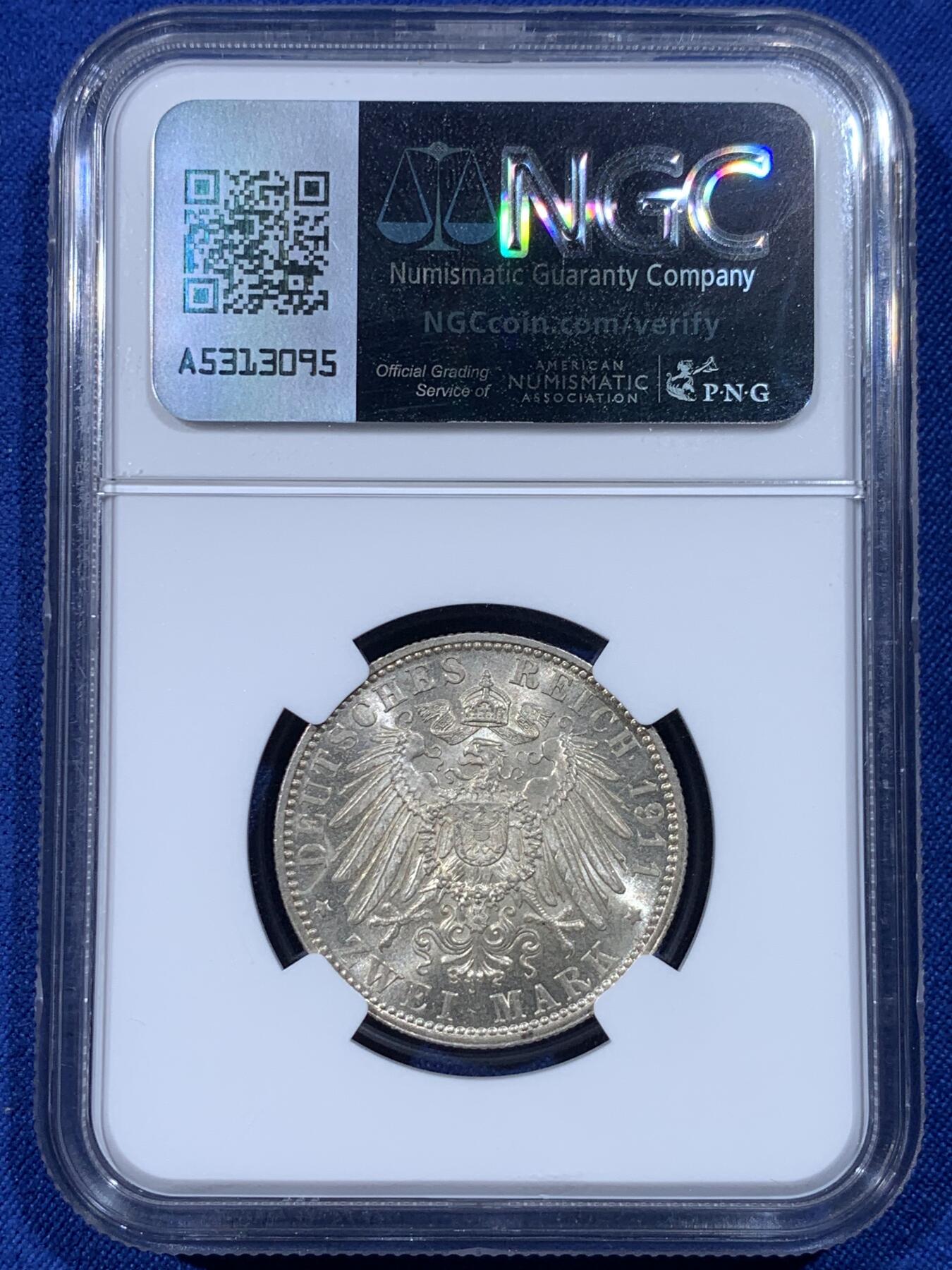 《竞宝斋》第443场 周日，周一，2场连拍 （全场包邮） NGC MS64 德国1911D巴伐利亚柳特波德摄政王90寿诞2马克银币