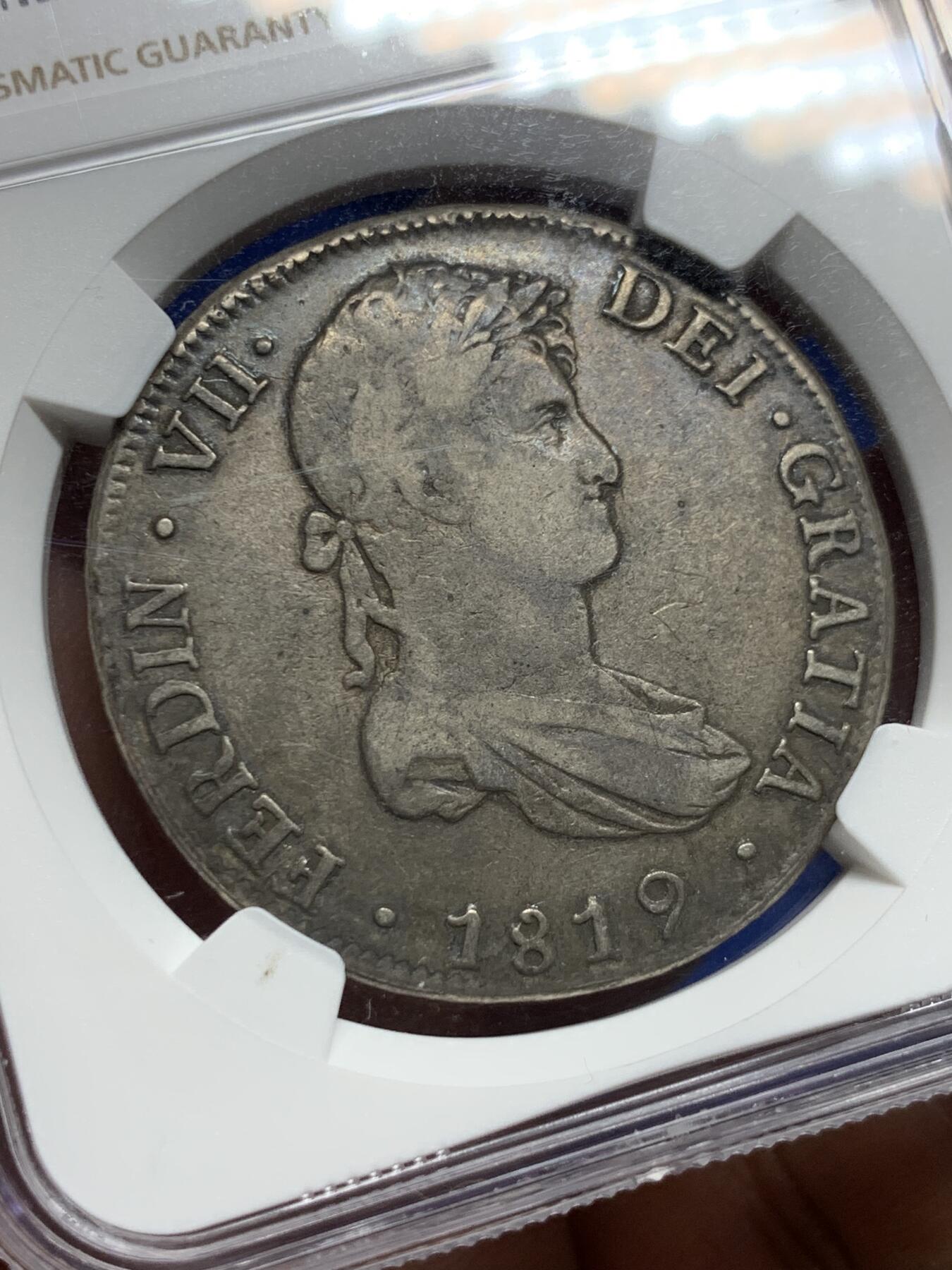 《竞宝斋》第443场 周日，周一，2场连拍 （全场包邮） NGC VF35 西属玻利维亚1819年费七8R双柱银币 双面细节到位