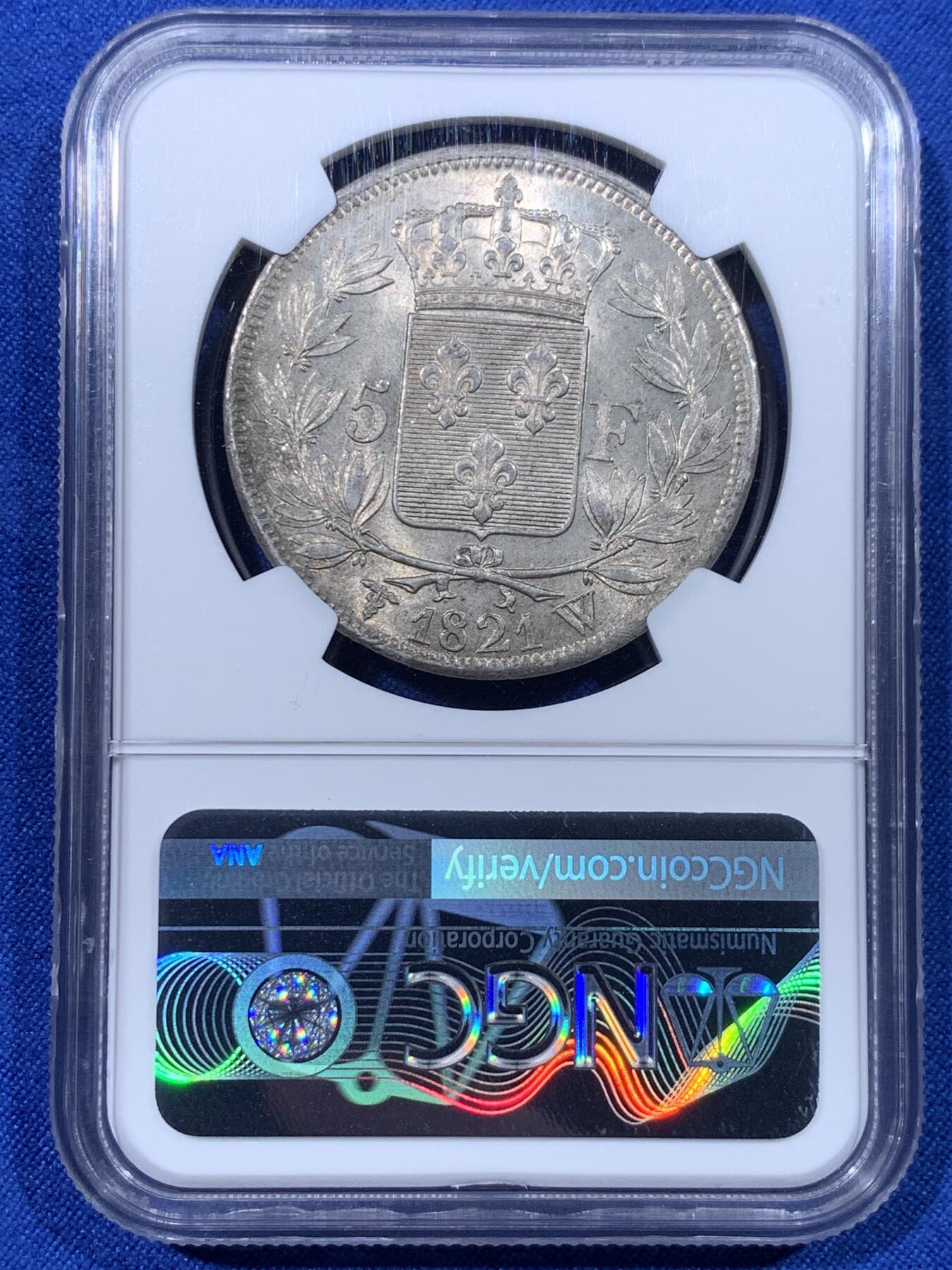 《竞宝斋》第443场 周日，周一，2场连拍 （全场包邮） NGC MS62 法国1821年W版路易十八5法郎银币，200年醇美包浆带光品