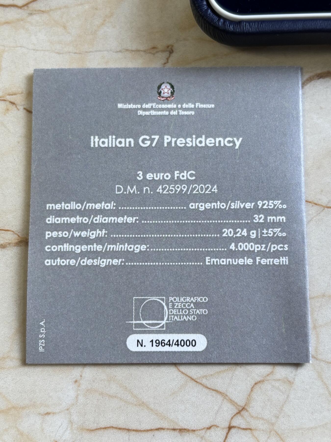 第183期拍卖 意大利2024年七国集团G7首脑峰会主宾国女神银币，925银，20.24克，发行4000枚，有手印