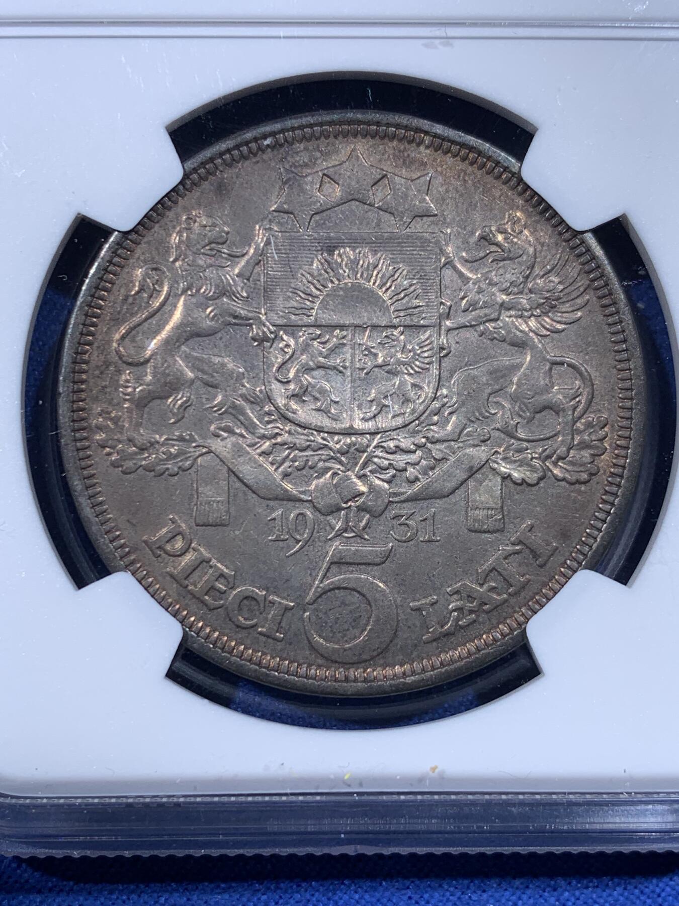 《竞宝斋》第443场 周日，周一，2场连拍 （全场包邮） NGC AUD 拉脱维亚1931年谷物女神5拉特大银币 环彩包浆 经典品种