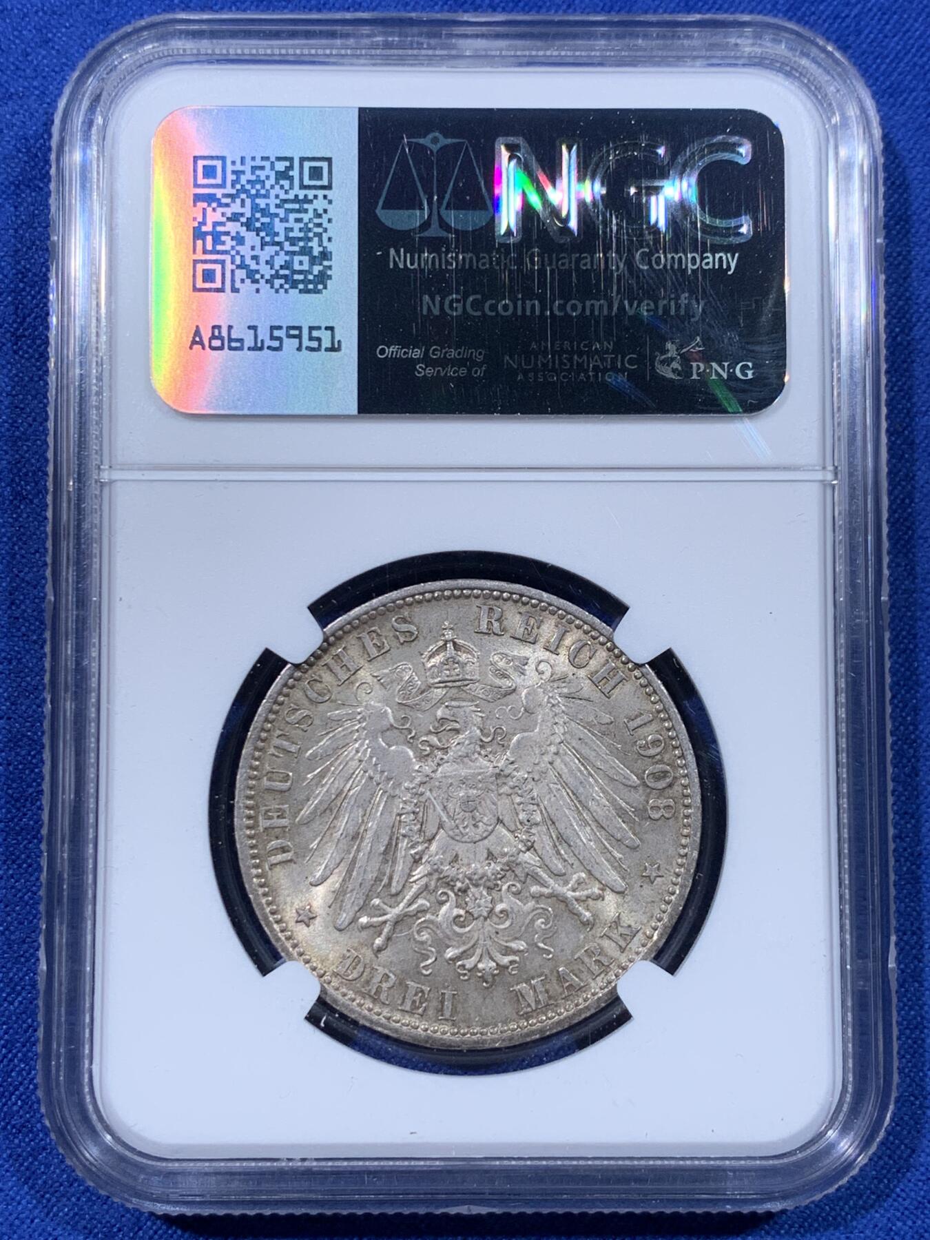 《竞宝斋》第443场 周日，周一，2场连拍 （全场包邮） NGC MS63 德国符腾堡1908年威廉二世3马克银币 币面转光 包浆自然