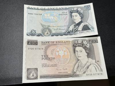 《外钞收藏家》第五百九十期（欧洲强钞、港币、硬通货及丰富裸币大拍场）（本平台长期征集拍品、欢迎藏友们联系合作） - 英国D序列5和10镑 2张一起 UNC-