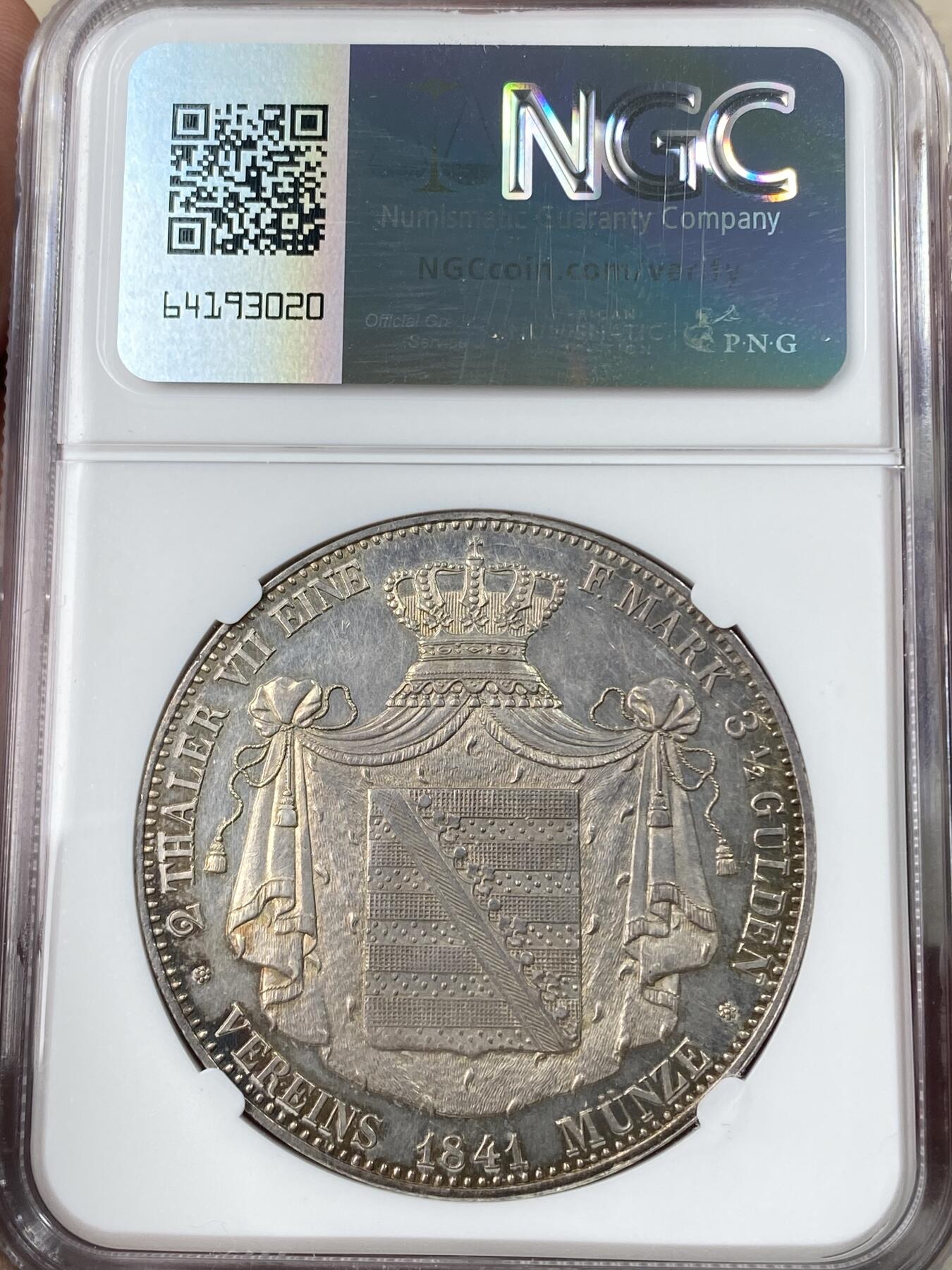 万国钱币拍卖第056期 NGC MS62 1841年德国萨克森-阿尔滕堡约瑟夫·赫尔佐格公爵纹章2泰勒 发行量仅仅9400枚 小邦中也是极其难得的高难品种 月牙环五彩包浆 NGC唯一亚军分