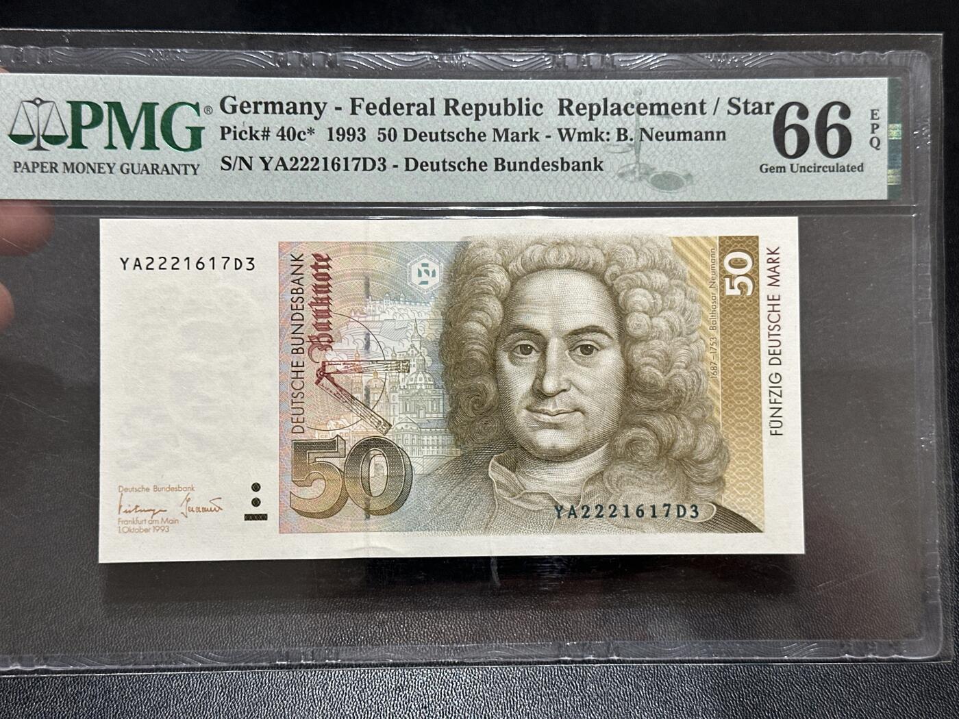 《外钞收藏家》第五百九十期（欧洲强钞、港币、硬通货及丰富裸币大拍场）（本平台长期征集拍品、欢迎藏友们联系合作） 1993年德国末版50马克 PMG66 补号