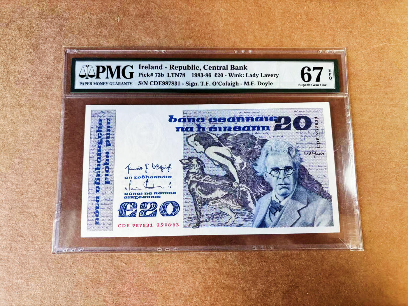 【Blue Auction】世界纸币精拍第757期——18级TOP拍卖/信誉/品质/专业/高效💫 爱尔兰 1983年20镑 诗人叶芝 PMG67EPQ 高分老壳 