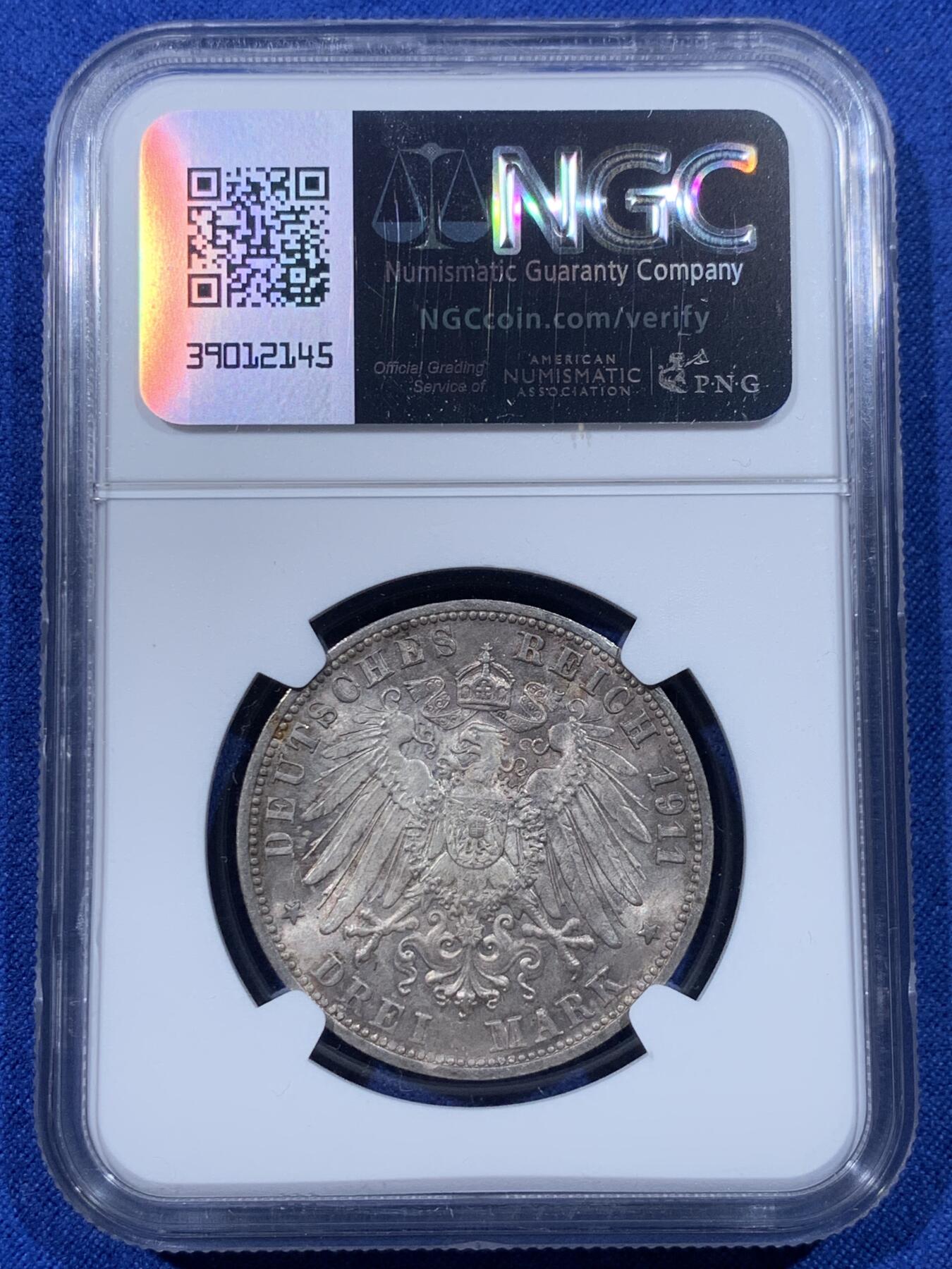 《竞宝斋》第443场 周日，周一，2场连拍 （全场包邮） NGC MS64 德国1911年符腾堡王国威廉二世国王银婚3马克银币